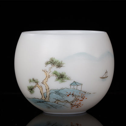 Mutton Fat Jade Porcelain Cup 150ml Handpainted Master Tea Cup Under Glaze Lotus