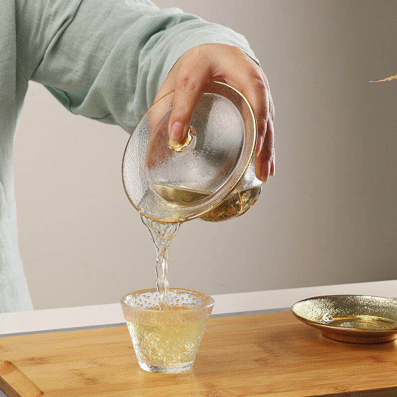 200ml Clear Gaiwan Glass Tureen Floral Relief Teacup Covered Bowl Cup Saucer Mat