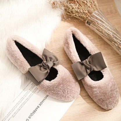 Women Lamb Fur Fluffy Bow Knot Ballerinas Ballet Flat Shoes Casual Comfort Shoes