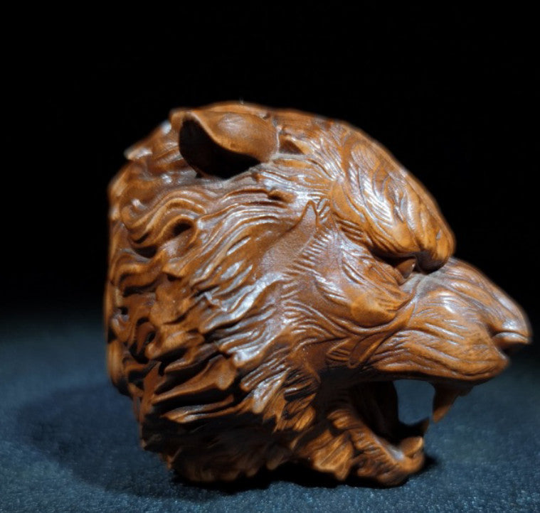 Old Chinese Boxwood Wood Hand Carving Carved Tiger head Statues