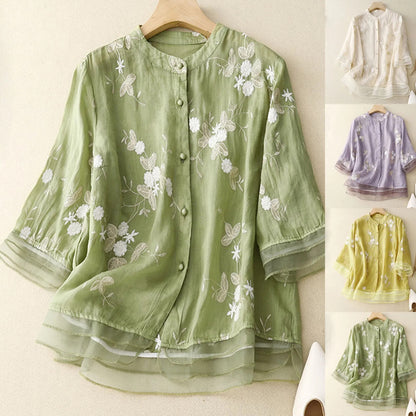 Women'S Cotton Linen Floral Shirts Embroidery Chinese Style Loose Blouse