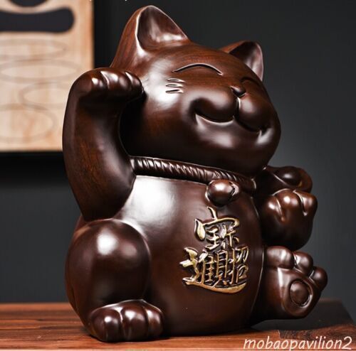 Arts Crafts Ebony Wood Carved Maneki Neko Statue Lucky Cat Feng Shui Decor