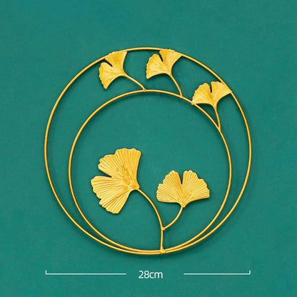 Wall Hanging Ornament 24cm Iron Golden Picture Frame Ginkgo Leaf Palm Tree Decor