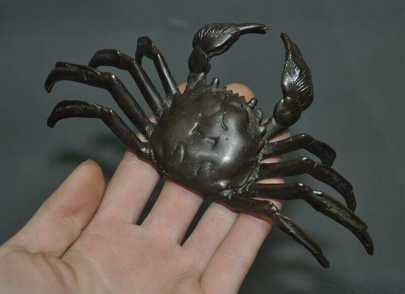 4.7" Chinese Pure Bronze Fengshui Animal Crab Auspicious Wealth Crabs Statue