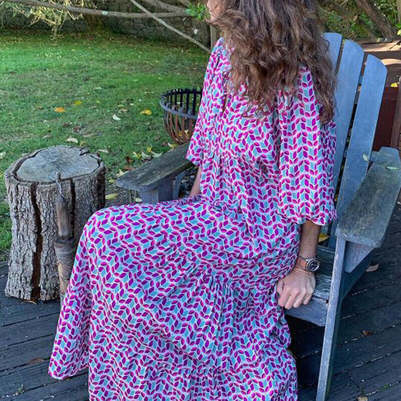 Women 3/4 Sleeve Maxi Dress Baggy Tunic V Neck Dresses Printed Boho Party Beach