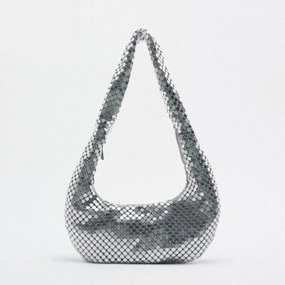 Mesh Shoulder Bags Silver Handbag Hobos Purse Small Underarm Bag 25.5*21.5*2 CM