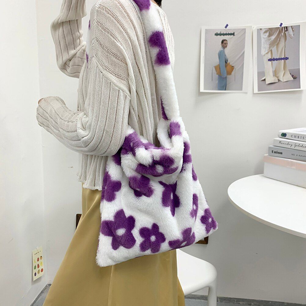 Shopping Bag Flower Print Plush Shoulder Large Handbags Underarm Bags 30*30*2 CM