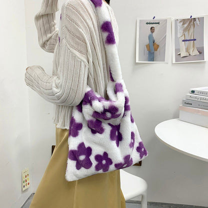 Shopping Bag Flower Print Plush Shoulder Large Handbags Underarm Bags 30*30*2 CM