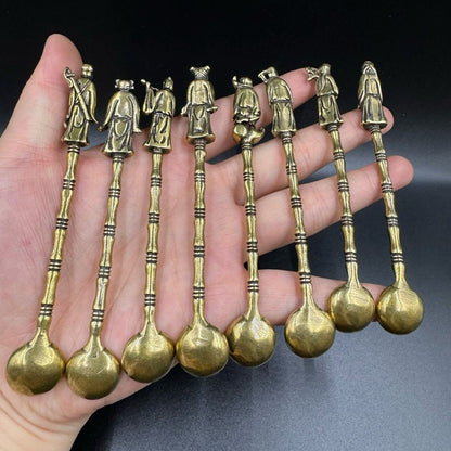 Brass Eight Immortals Spoon Set 8pcs 95g Mini Chinese Medicine Spoon Decor