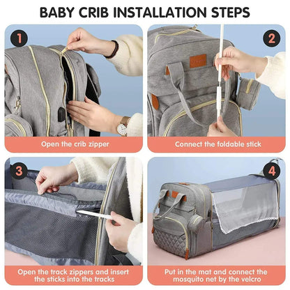 3-in-1 Baby Travel Diaper Bag with Foldable Bed
