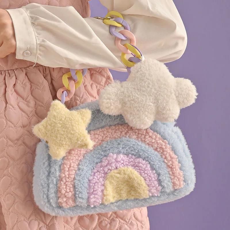 Rainbow Plush Purse Handbag Cloud Shoulder Bags 27*5*27 CM Acrylic Chain 86 CM