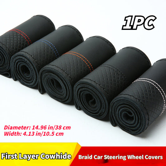 1PC Braid Car Steering Wheel Cover Case Cowhide Genuine Leather Vehicle DIY