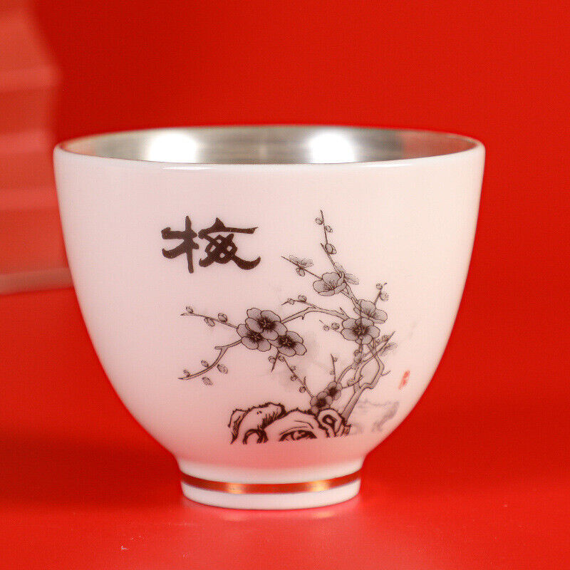 Chinese Tea Cup Pure Silver Personal Cup Mutton Fat Jade Porcelain Kungfu Teacup