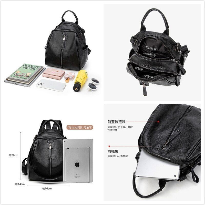 Black Backpack Genuine Leather Cowhide Bags Small Cute Traveling Luxury Softback
