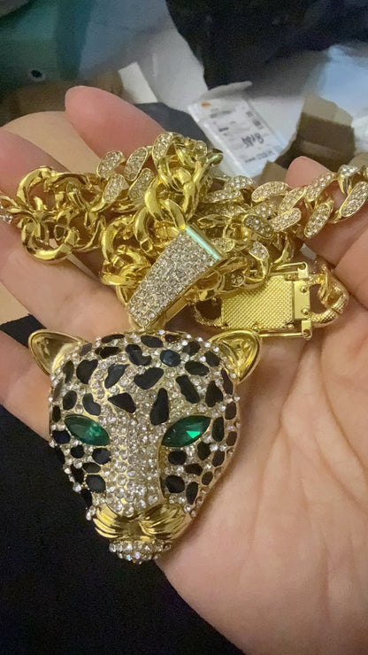 Gold Leopard Head Cuban Chain Iced Out Hip Hop Gothic Rapper Necklace