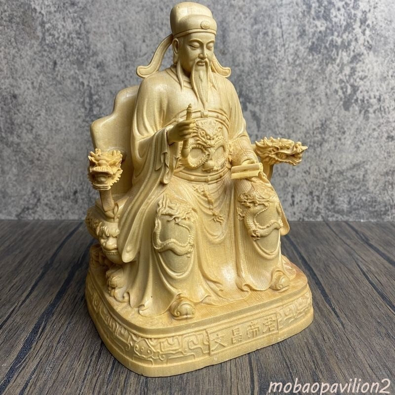 Chinese Boxwood Carved Wenchang Wang God Statue Scholar Deity Altar Figurine
