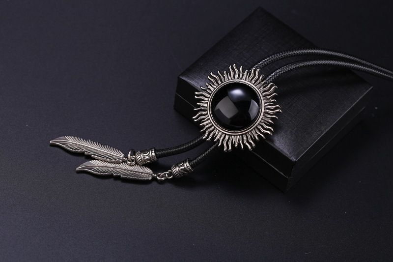Men Bolo Tie Polyester Semi Precious Stone Pendant Suit Shirt Collar Accessories