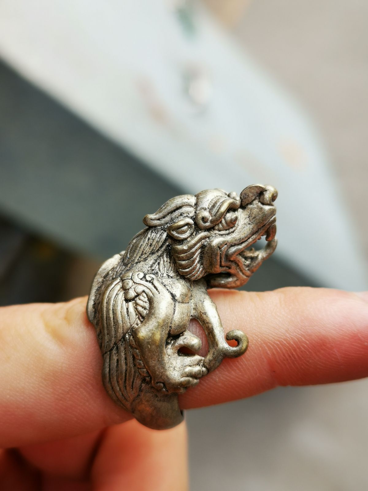 Old Chinese Tibetan Silver Handmade Tiger head Ring Men's Ring