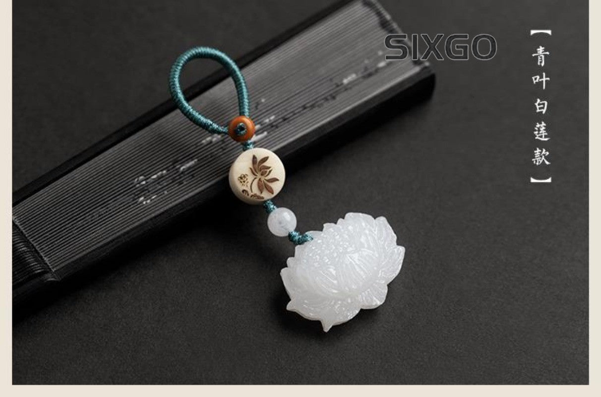 Jade Lotus Pendant Peace Symbol Car Keychain Handmade Cord