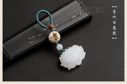 Jade Lotus Pendant Peace Symbol Car Keychain Handmade Cord