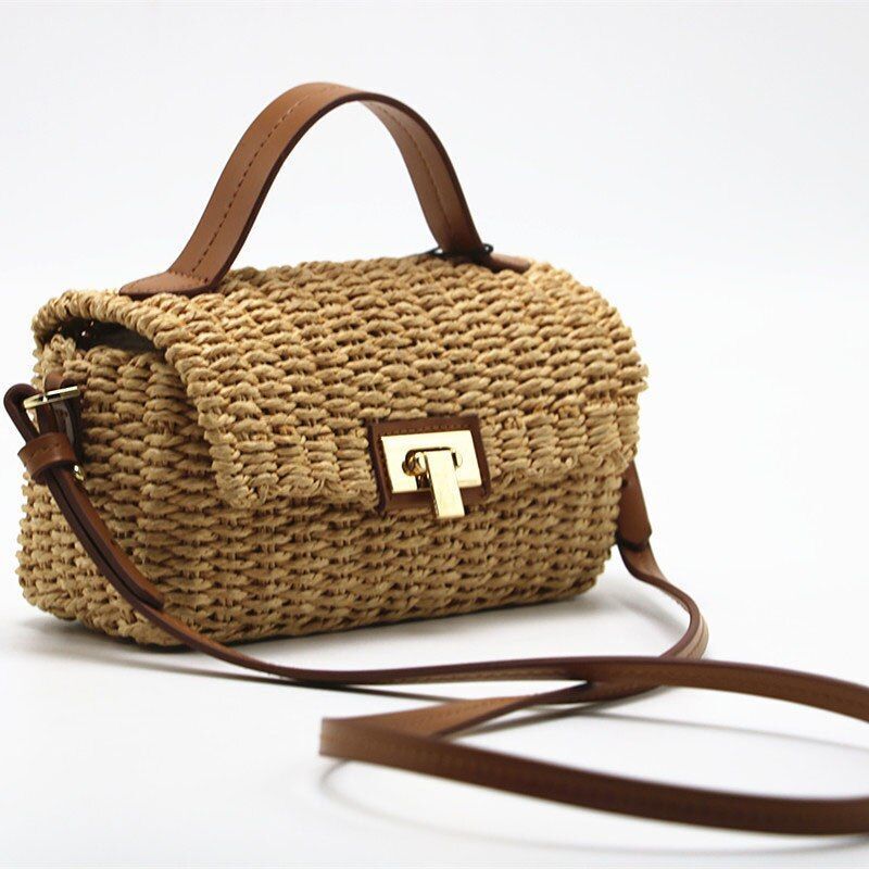 Handmade Shoulder Bag Summer Straw Beach Purse Bohemian Fashion Square Flap Lock