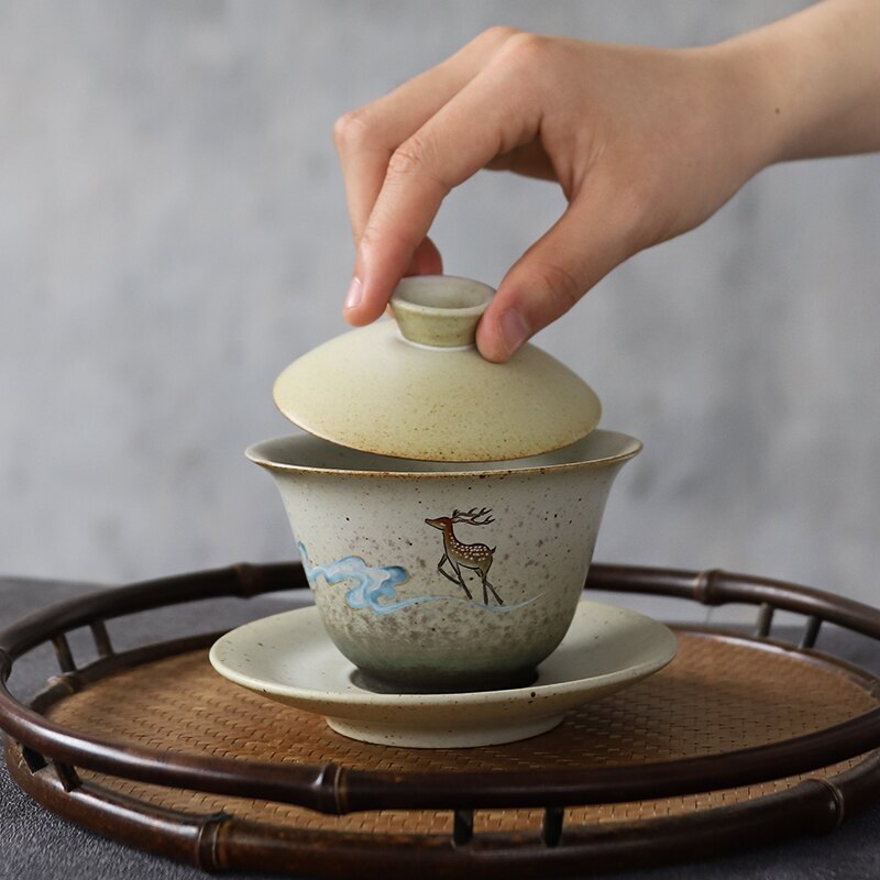 Ceramic Gaiwan Teacup Deer Chinese Tea Sets Drinkware 150ml