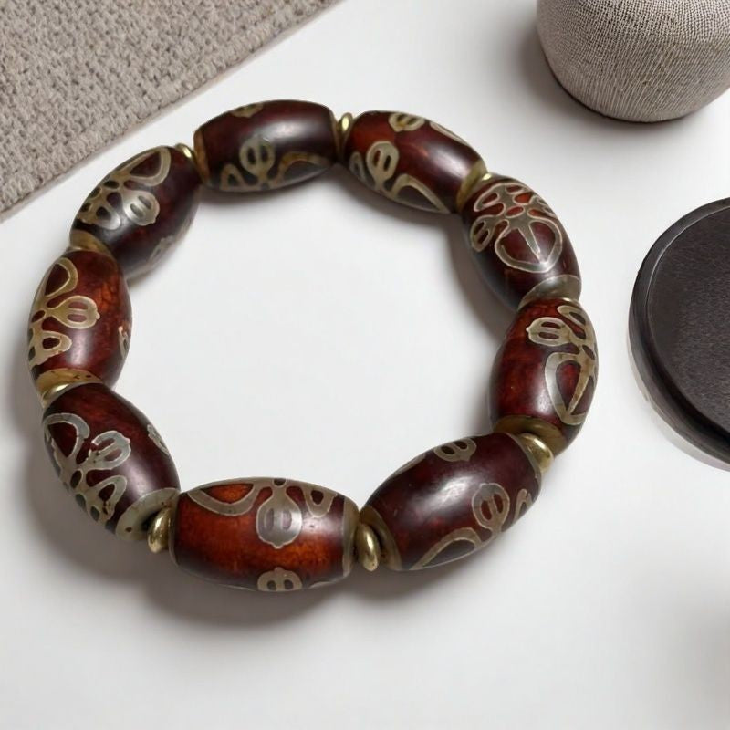 Tibetan Vajra Dzi Bead Bracelet Vintage Agate Unisex Buddhist Jewelry 22x12mm