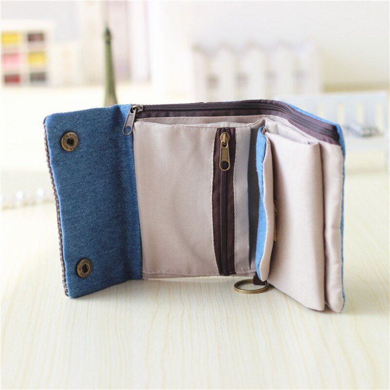 Handmade 3 Fold Fabric Wallet Short Zipper Purses Multi-function Bag Card Holder