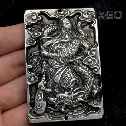 Old Chinese Tibet Silver Handcarved Dragon Guan Yu Pendant Waist Token