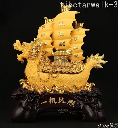 Chinese Dragon Boat Statue Feng Shui Wealth Success Luck Home Office Decor