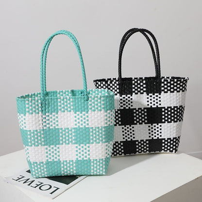 Plastic Hand-woven Bag Large Square Shopping Basket Bag Shoulder Purse Tote Bags