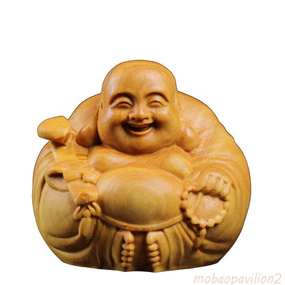 2.75" Boxwood Wood Carving Maitreya Sculpture Buddha Statue Laughing Buddha