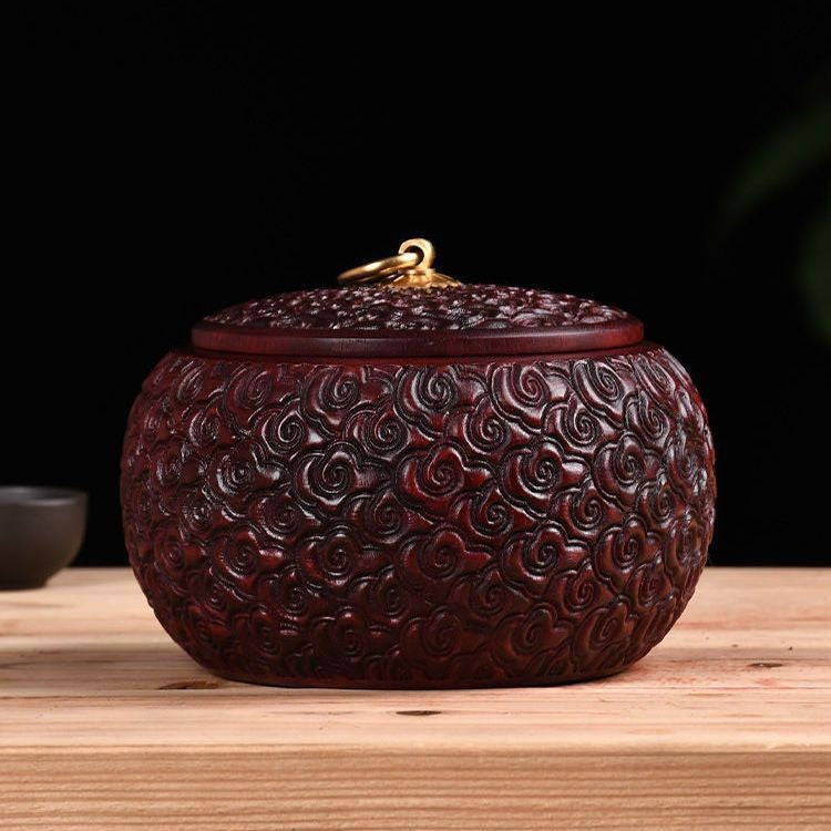 Red Sandalwood Tea Caddy 5.51×4.33in Fish Scale Carved Moistureproof Wood Jar