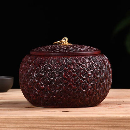 Red Sandalwood Tea Caddy 5.51×4.33in Fish Scale Carved Moistureproof Wood Jar