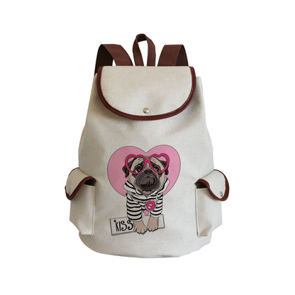 Dog Paw Print Backpack Drawstring Bags Linen Students Portable Cute Pug Printed