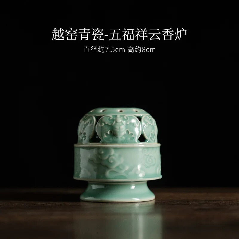 Yue Kiln Celadon Incense Holder Elegant Relief Scented Tea Ceremony Home Decor