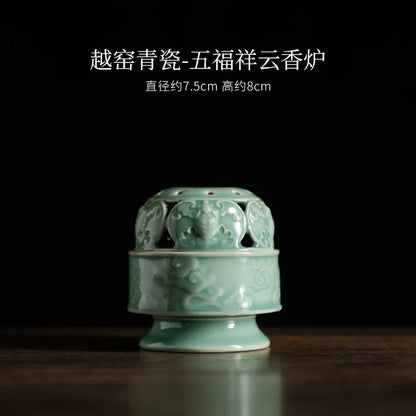 Yue Kiln Celadon Incense Holder Elegant Relief Scented Tea Ceremony Home Decor