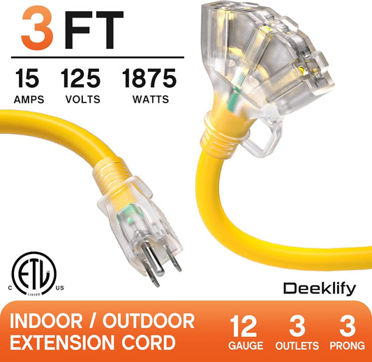 3 Ft 12 Gauge Heavy Duty 3 Outlet Extension Cord Splitter with Indicator, Waterp