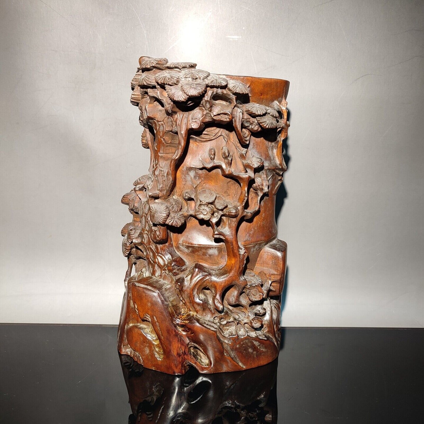 Pine bamboo statue desk study room chinese wood brush pot wooden decor carving