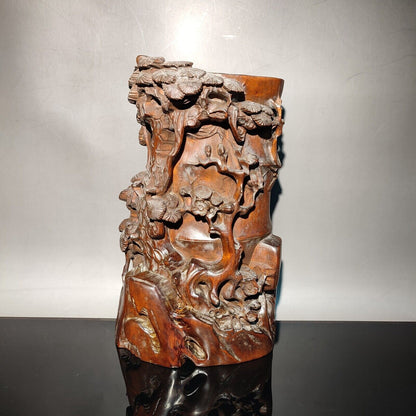 Pine bamboo statue desk study room chinese wood brush pot wooden decor carving