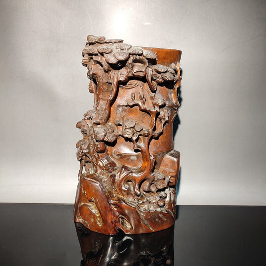 Pine bamboo statue desk study room chinese wood brush pot wooden decor carving