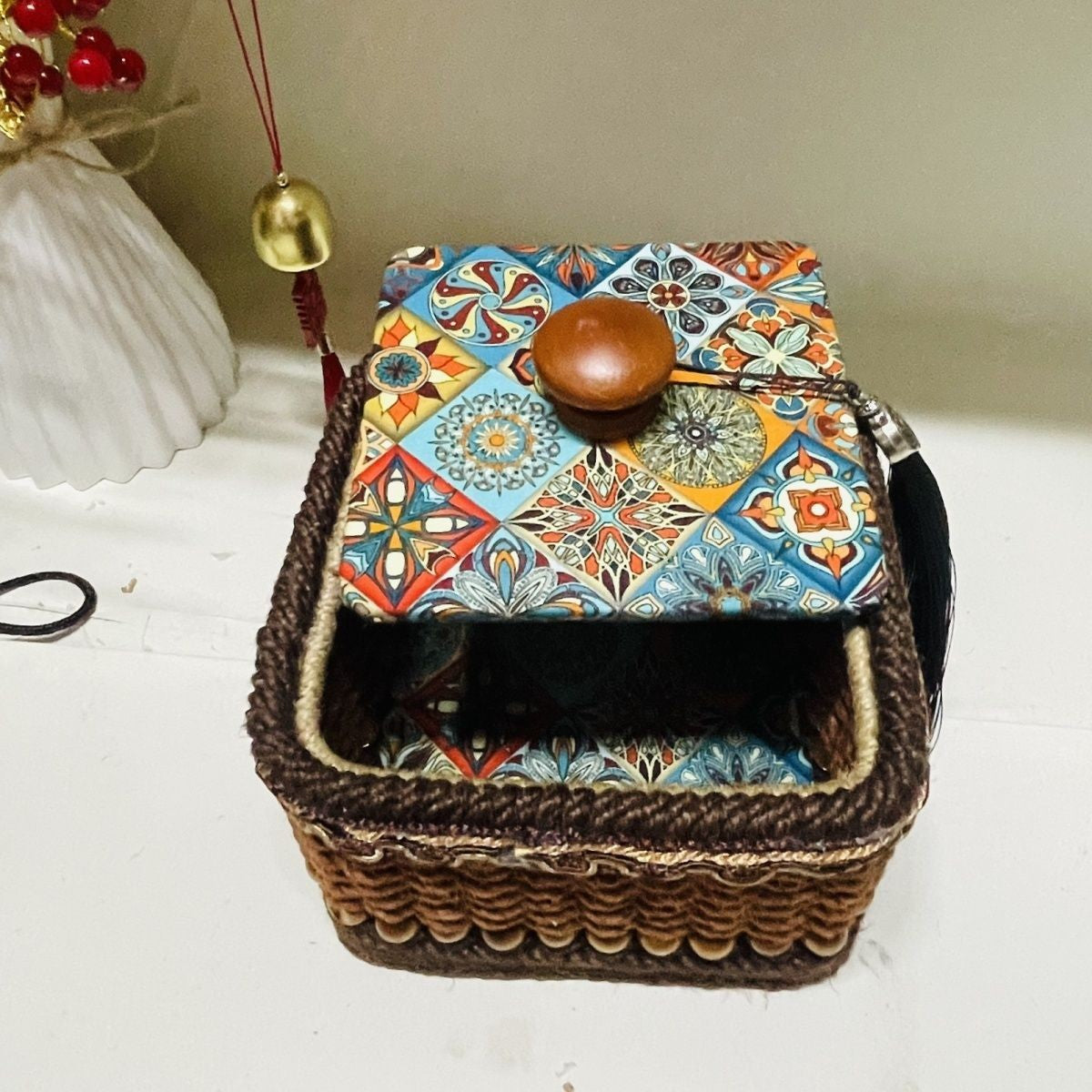 Handwoven Hemp Rope Jewelry Box Vintage Boho Tassel Storage 14×9cm