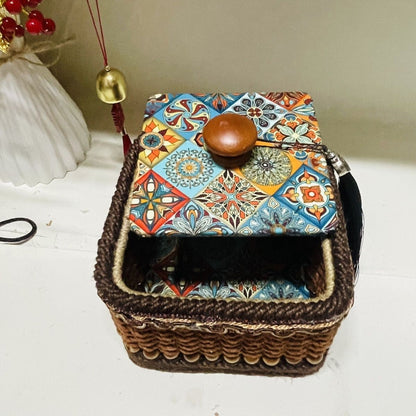 Handwoven Hemp Rope Jewelry Box Vintage Boho Tassel Storage 14×9cm