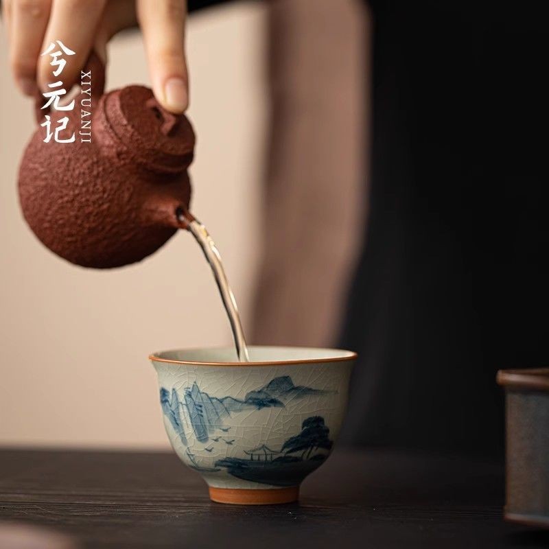 Chinese Ge Kiln Style Tea Cup Crackle Glaze Hand Painted Landscape 106ml