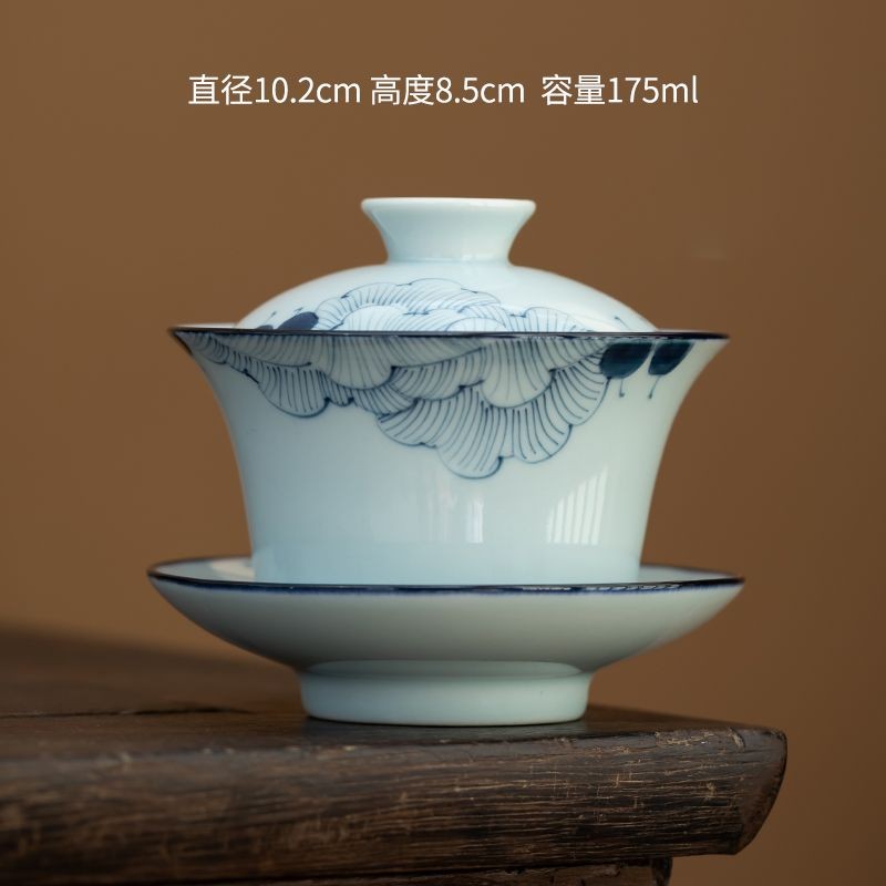 Hand Drawn Hibiscus Lid Bowl Blue and White Tea Cup Ceramic Tea Set