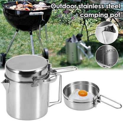 2pcs/Set Portable Folding Camping Kettle Outdoor Picnic Stainless Steel Pan Pot