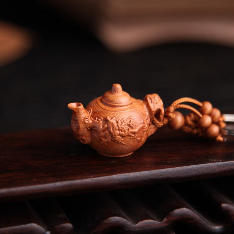 Plum Blossom Tea Pot Peach Wood Keychain Stereoscopic Car Keychain Pendant
