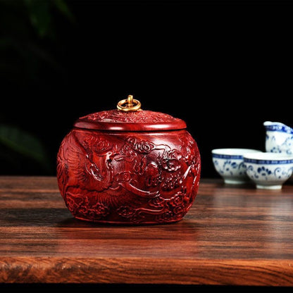Red Sandalwood Tea Caddy Dragon Phoenix Carved Solid Wood Moistureproof Jar