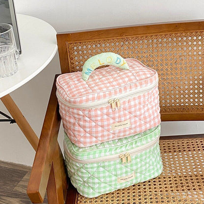 Plaid Pattern Bag Toiletries Case Makeup Bag Zipp Cotton Cosmetics Storage Pouch