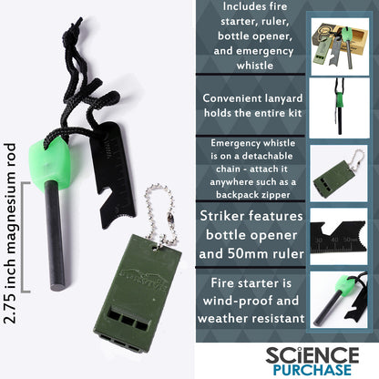 Fire Starter - Includes Flint with Ruler, Bottle Opener, and Whistle w/ Lanyard